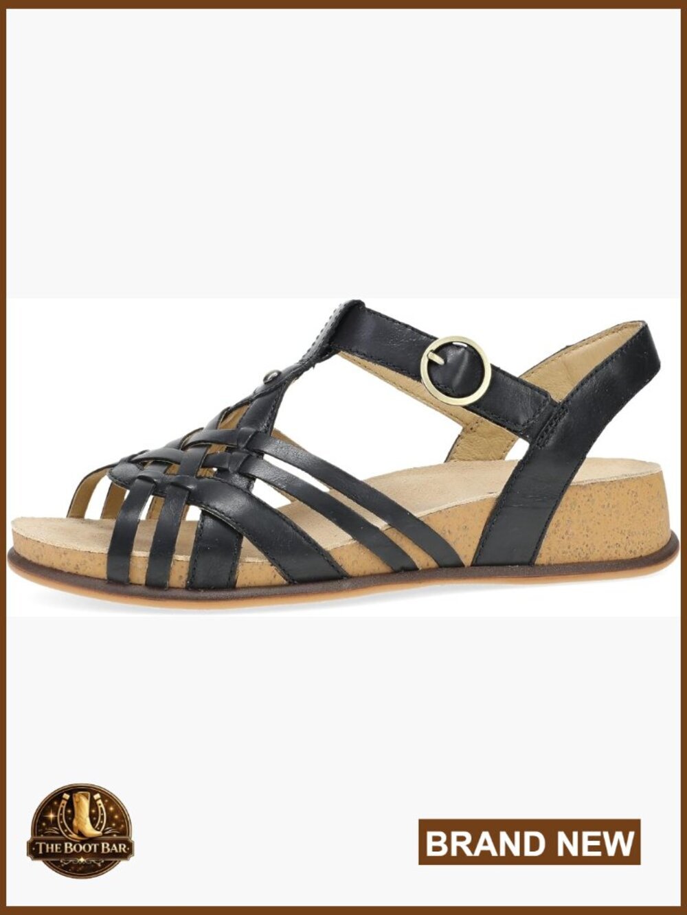 Womens Leather Fisherman Wedge Sandals Hook-and-Loop Strap Cork Footbed
